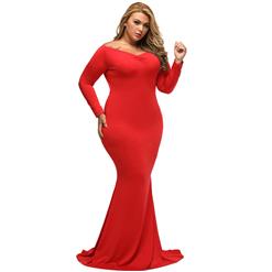 Evening Party Dress, Fishtail Maxi Dress, Fashion Red Dress, Hot Sale Long Sleeve Dress, Plus Size Party Dress, #N14456