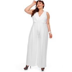 Women's White V Neck Sleeveess Wide Leg Plus Size?Jumpsuit N14462