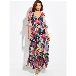 Women's Floral Wrap V Neck Three-Quarter Sleeve Bohemian Maxi Dress N14465