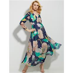 Women's Floral Wrap V Neck Long Sleeve Maxi Dress N14467