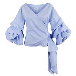 Women's Sky Blue Heap Sleeve Wrap V Neck Bow Tie Blouse N14470