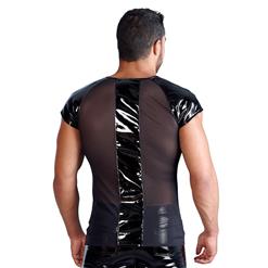 Men's Flirty Black Wet Look See-through Mesh Tight Shirt N14473