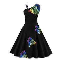 Vintage Retro One Shoulder Embroidery Cocktail Party Flare Dress N14485