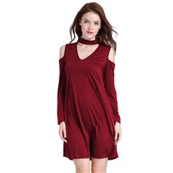 Women's Cold Shoulder Long Sleeve Choker T-shirt Dress N14498