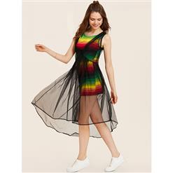 Sexy Women's Round Neck Sleeveless Mesh Stripe High-low Dress N14517