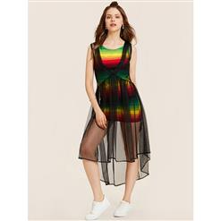 Sexy Women's Round Neck Sleeveless Mesh Stripe High-low Dress N14517