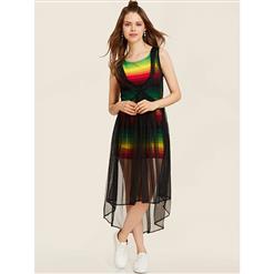 Sleeveless Stripe Dress, High Waist Stripe Mini Dress, Fashion Dress for Women, Sexy Dresses for Women, Mesh Patchwork Dress, High-low Women Dress, #N14517