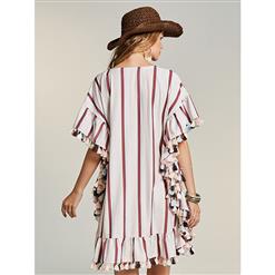 Women's Round Neck Half Flare Tassel Sleeve Stripe Mini Dress N14527