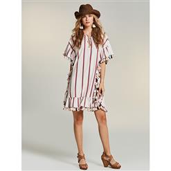 Women's Round Neck Half Flare Tassel Sleeve Stripe Mini Dress N14527