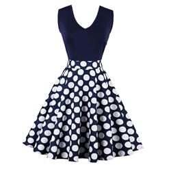 Women's Vintage V Neck Sleeveless Patchwork Polka Dot Swing Dresses N14532