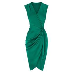 Women's Fashion Solid Color V Neck Sleeveless Ruffled Asymmetric Bodycon Dress N14538