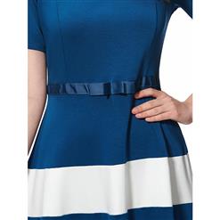 Women's Slash Neck Short Sleeve Stripe A-line Midi Dresses N14540