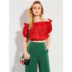 Women's Blouses, Lantern Sleeve Blouses, Plain Red Shirt, Crop Tops, Off Shoulder Blouses, Sexy Blouse for Women, #N14542