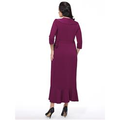 Sexy Solid Color Deep V Neck 3/4 length Sleeve Falbala Plus Size Maxi Dress N14548