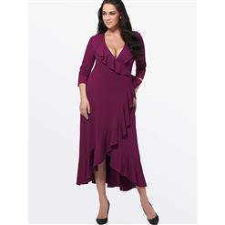 Sexy Solid Color Deep V Neck 3/4 length Sleeve Falbala Plus Size Maxi Dress N14548