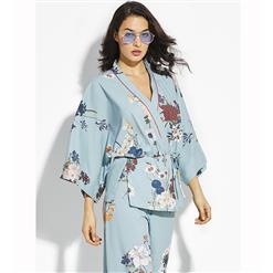 Women's Wrap V Neck Loose Flower Print Kimono Top N14636
