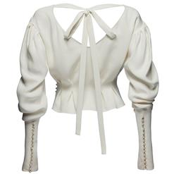 Women's Elegant White V Neck Back Halter Long Puff Sleeve Plain Blouse N14651