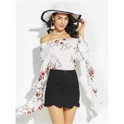 White Blouses, Sexy Women's Blouses, White Blouse Top, Sexy Blouse for Women, Flare Sleeve Blouse, #N14654