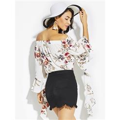 Women's Elegant Slash Neck Floral Print 3/4 Length Flare Sleeve Blouse N14654