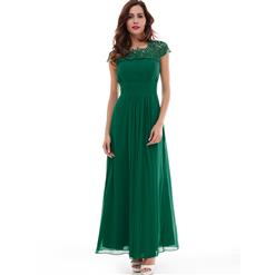 Women's Elegant Atrovirens Cap Sleeves Chiffon Appliques Pleats Floor-Length Evening Dress N14656