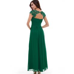 Women's Elegant Atrovirens Cap Sleeves Chiffon Appliques Pleats Floor-Length Evening Dress N14656