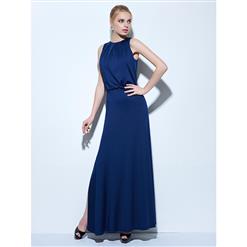 Women's Elegant Royalblue Sleeveless Split Side Pleats Floor-Length Evening Party Dress N14657