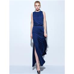 Women's Elegant Royalblue Sleeveless Split Side Pleats Floor-Length Evening Party Dress N14657