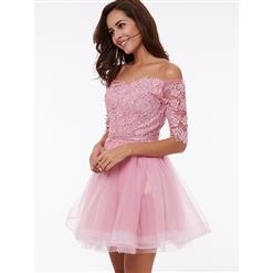 Women's Elegant Pink Off Shoulder Half Sleeve Tulle Appliques Short Evening Party Dress N14659