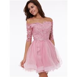 Sexy Evening Dresses, Short Homecoming Dress, Mesh Party Dresses, Pink Evening Dress, Hot Tulle Dresses, Evening Dresses Cheap, #N14659