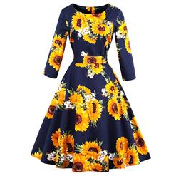Women's Retro Vintage Round Neck 3/4 Length Sleeve Sunflower Pattern A-Line Swing Dress N14726