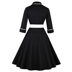 Women's Retro Vintage Black Collared 3/4 Length Sleeve Patchwork A-Line Cocktail Swing Dress N14727