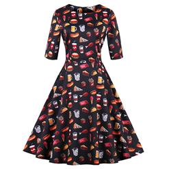 Women's Vintage Round Neck Half Sleeve Food Print A-Line Swing Party Dress N14730