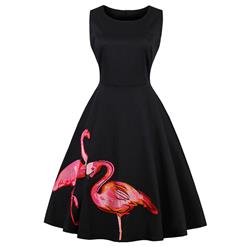Women's 50s Vintage Flamingo Print Sleeveless Swing Casual Dress N14790