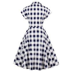 Women's Retro Checked Short Sleeves Dual Pocket A-line Casual Swing Day Dress N14813