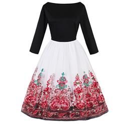 Vintage Graceful Long Sleeves Floral Organza Layer Swing Cacktail Dress N14815