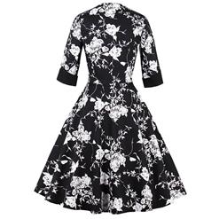 Women's Vintage 3/4 Sleeves Floral Print Patchwork Swing Cocktail Dress Day Casual Dress N14818