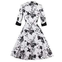 Women's Vintage White 3/4 Sleeves Floral Print Patchwork Swing Cocktail Dress Day Casual Dress N14819