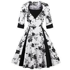 Women's Vintage White 3/4 Sleeves Floral Print Patchwork Swing Cocktail Dress Day Casual Dress N14819