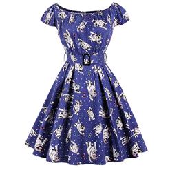 Women's Retro Funny Cat Print Short Sleeves A-line Casual Swing Day Dress N14820
