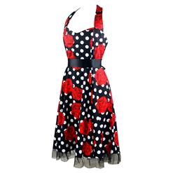 Vintage Sweetheart Neckline Halter Backless Polka Dot Flower Casual Swing Knee-length Dress N14845