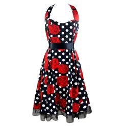 Vintage Sweetheart Neckline Halter Backless Polka Dot Flower Casual Swing Knee-length Dress N14845