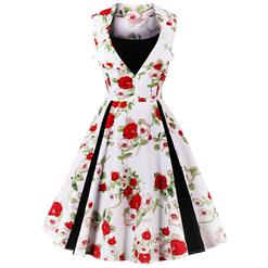 Vintage Rockabilly Floral Print Sleeveless Patchwork Casual Cocktail Day Dress N14859