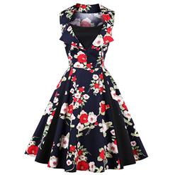 Vintage Rockabilly Floral Print Sleeveless Patchwork Casual Cocktail Day Dress N14860