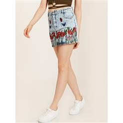 Fashion Women's Flower Embroidery Pocket Denim Mini Skirt N14868
