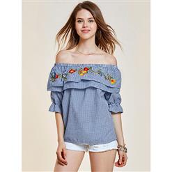 Blue Checked Blouses, Sexy Women's Blouses, Blue Blouse Top, Sexy Blouse for Women, Half Sleeve Blouse, Floral Embroidery Blouses, #N14872