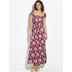 Women's Square Neck Frill Cap Sleeve Floral Print Side Split Maxi Dress N14879