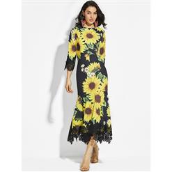 Women's Fashion High Neck Lace Patchwork Sunflower Print Fishtail Maxi Dress N14881