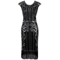 Women's Vintage 1920s Style Black Cap Sleeve Sequin Fringe Flapper Dress N14883