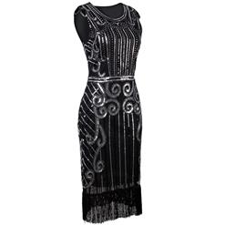 Women's Vintage 1920s Style Black Cap Sleeve Sequin Fringe Flapper Dress N14883