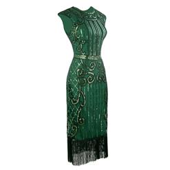 Women's Vintage 1920s Style Green Cap Sleeve Sequin Fringe Flapper Dress N14885